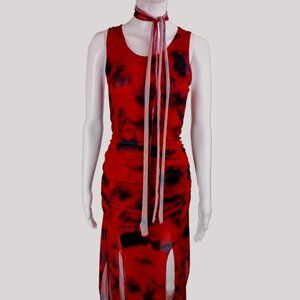 Red/Black Abstract Mesh Bodycon Ruching Sleeveless Maxi Dress With Splits/Scarf